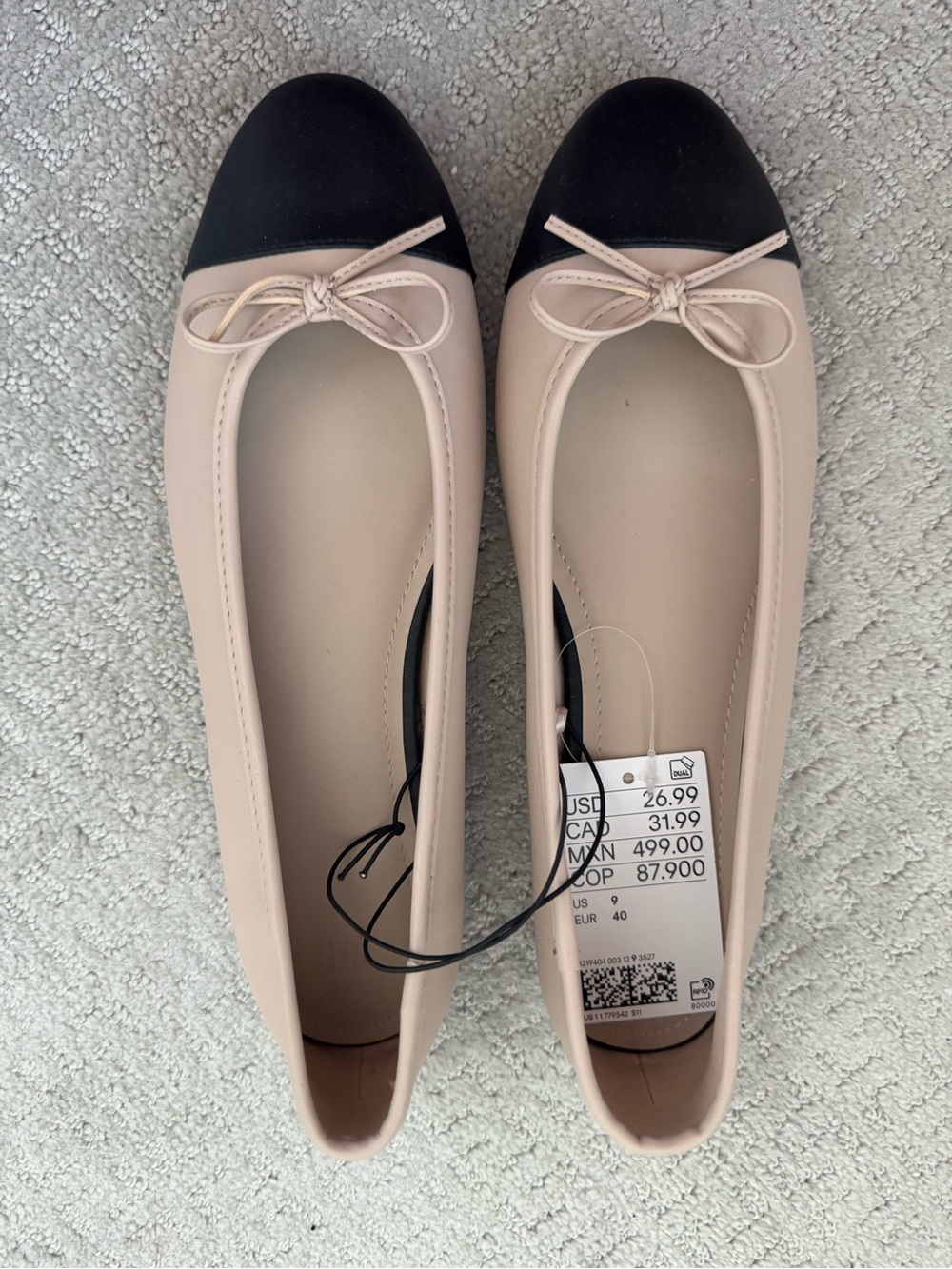 H&M Beige and Black Cap-Toe Ballet Flats with Bow